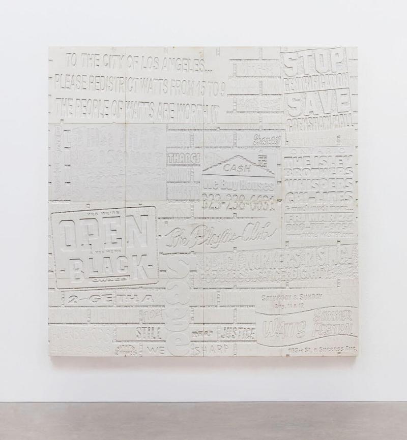 Lauren Halsey, Untitled, 2023, hand carved gypsum and acrylic on wood, 95 1/2 x 95 1/2 x 3 inches (242.6 x 242.6 x 7.6 cm), Photo: Allen Chen, Courtesy of the artist and David Kordansky Gallery