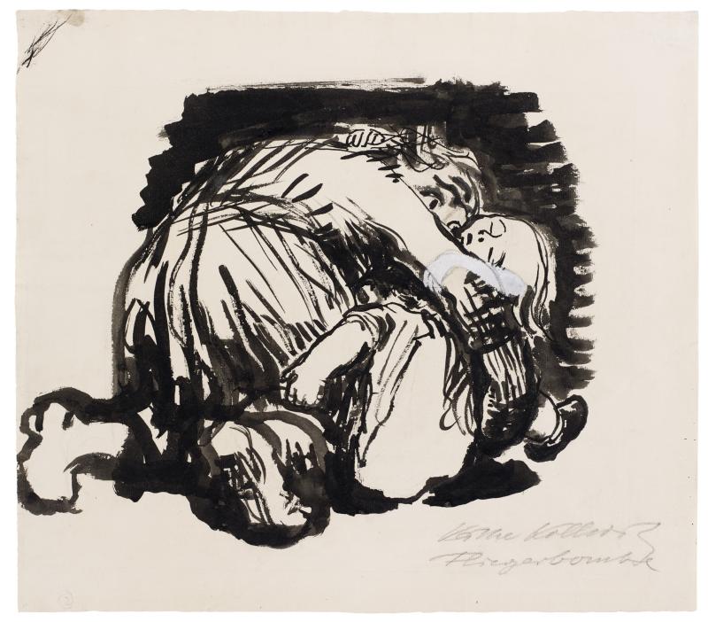 Käthe Kollwitz, Mutter, sich über ihre bedrohten Kinder stürzend, (Fliegerbombe), 1924/1925, Pinsel in Schwarz, NT 960, Käthe Kollwitz Museum Köln