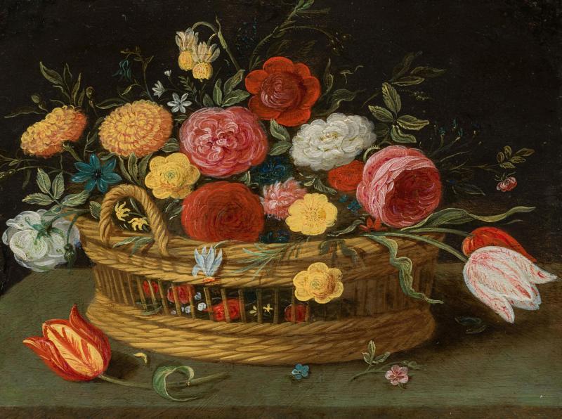 2118 Jan Brueghel der Jüngere  (Antwerpen 1601 - 1678 Antwerpen)  „Rosen und Tulpen im Henkelkorb“ 1640er Jahre Öl auf Kupfer; gerahmt 11,3 x 15 cm Schätzpreis: € 18.000 - 36.000