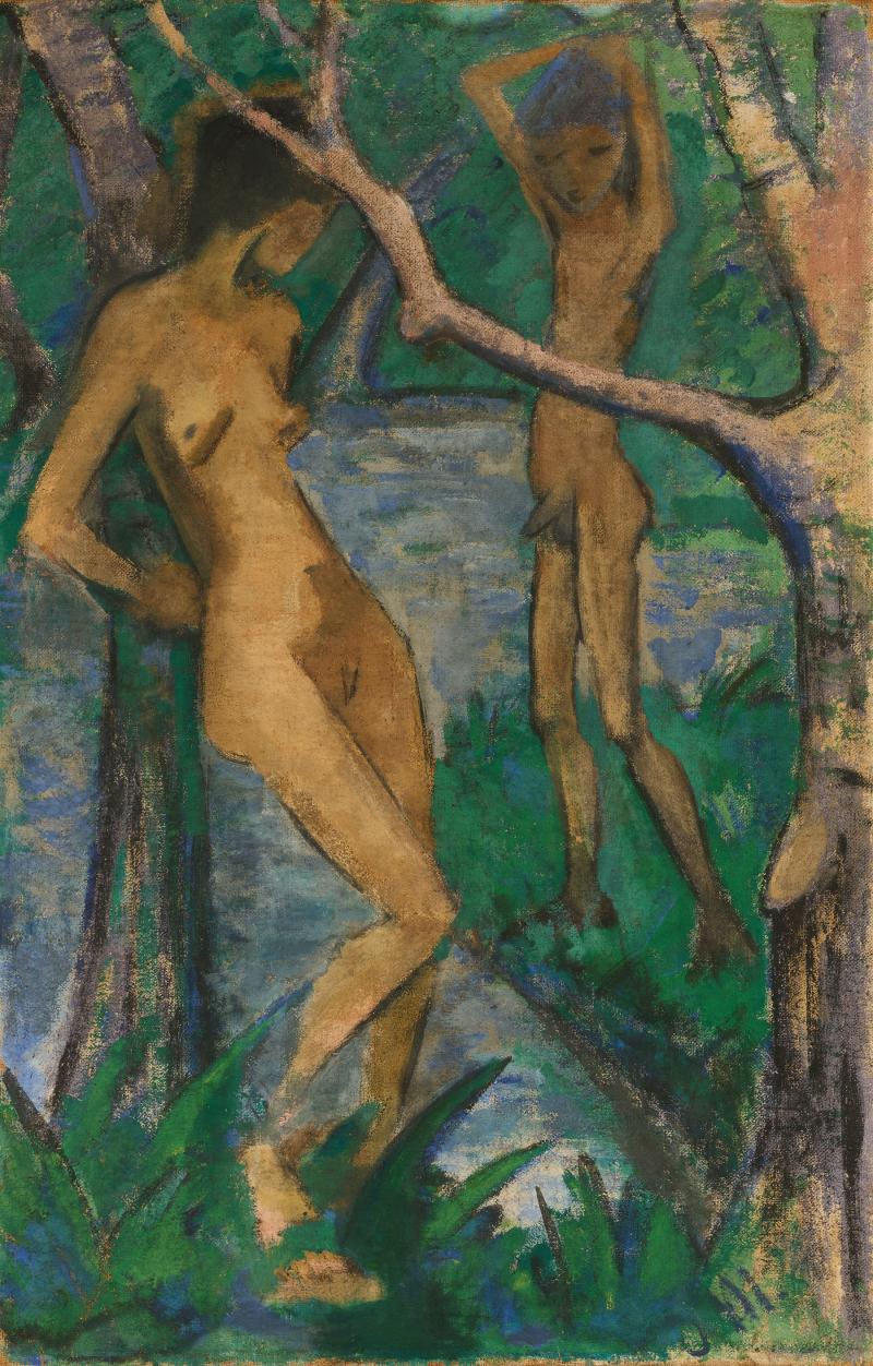 Otto Mueller (1874 – 1930) Mädchen mit Knabe am Waldteich | Ca. 1922 | Mischtechnik auf Rupfen | 150,5 x 98 cm Ergebnis: € 1.016.000* VAN HAM