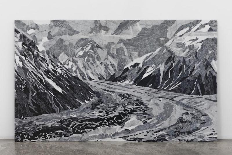 Hamra Abbas, Mountain 3, 2022, marble, five vertical freestanding panels, overall dimension 72 × 120 cm. Courtesy the artist and Lawrie Shabibi. Photo: Ismail Noor of Seeing Things