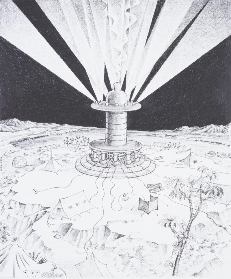 Ettore Sottsass, Der Planet als Fest: Studie für einen Spender von Weihrauch, LSD, Marihuana, Opium, Lachgas, Projekt (Perspektive), 1972–1973, © VG Bild-Kunst, Bonn 2023, Museum für Moderne Kunst / Scala, Florenz