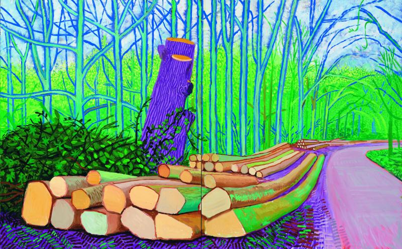 David Hockney, Felled Trees on Woldgate, 2008 Öl auf zwei Leinwänden, zwei Paneele zu je 152,5 x 122 cm Sammlung Würth / Würth Collection, Foto: Richard Schmidt, © 2023, David Hockney