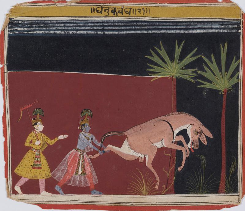 Der Eselsdämon greift Krishna und seine Freunde an  Folio 21 aus einer Bhagavata Purana-Serie (zu BhP 10.15.1–46), Indien, Bundelkhand, Datia, ca. 1635–1650, Dauerleihgabe Eva und Konrad Seitz, Museum Rietberg, Zürich (2021.105)