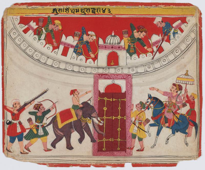 Jarasandha belagert Mathura  Folio 43 aus einer Bhagavata Purana-Serie (zu BhP 10.50), Indien, Bundelkhand, Datia, ca. 1635–1650, Geschenk Horst Metzger, Museum Rietberg, Zürich (RVI 1923)