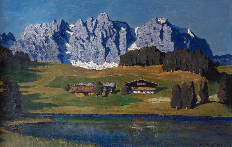 Alfons Walde (1891 – 1958) „Schwarzsee bei Kitzbühel" Öl auf Karton, 47,8 x 68,2 cm, signiert, verso Atelieretikett, 1933 Foto: © Kunsthandel  Freller