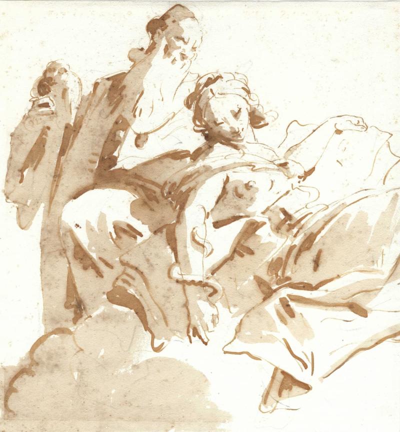 G A L E R I E   T A R A N T I N O  P A R I S, Giovanni Battista Tiepolo  Venise, 1696 - Madrid, 1770  Étude de deux personnages  Plume et lavis d’encre brune sur traits de pierre noire  220 x 207 mm