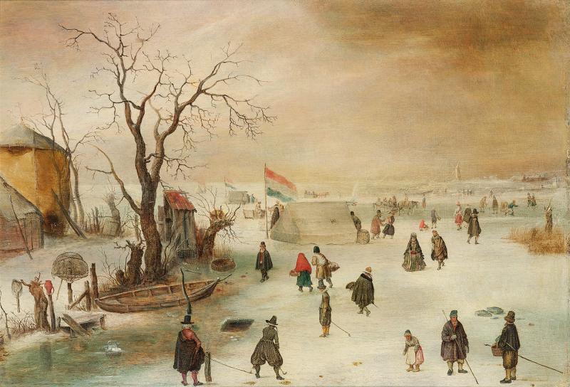 Hendrick Avercamp (1585–1634) und Assistent, Winterlandschaft mit Eisläufern, 41,5 x 60 cm, Auktion 24. April 2024, Schätzwert € 220.000 – 250.000