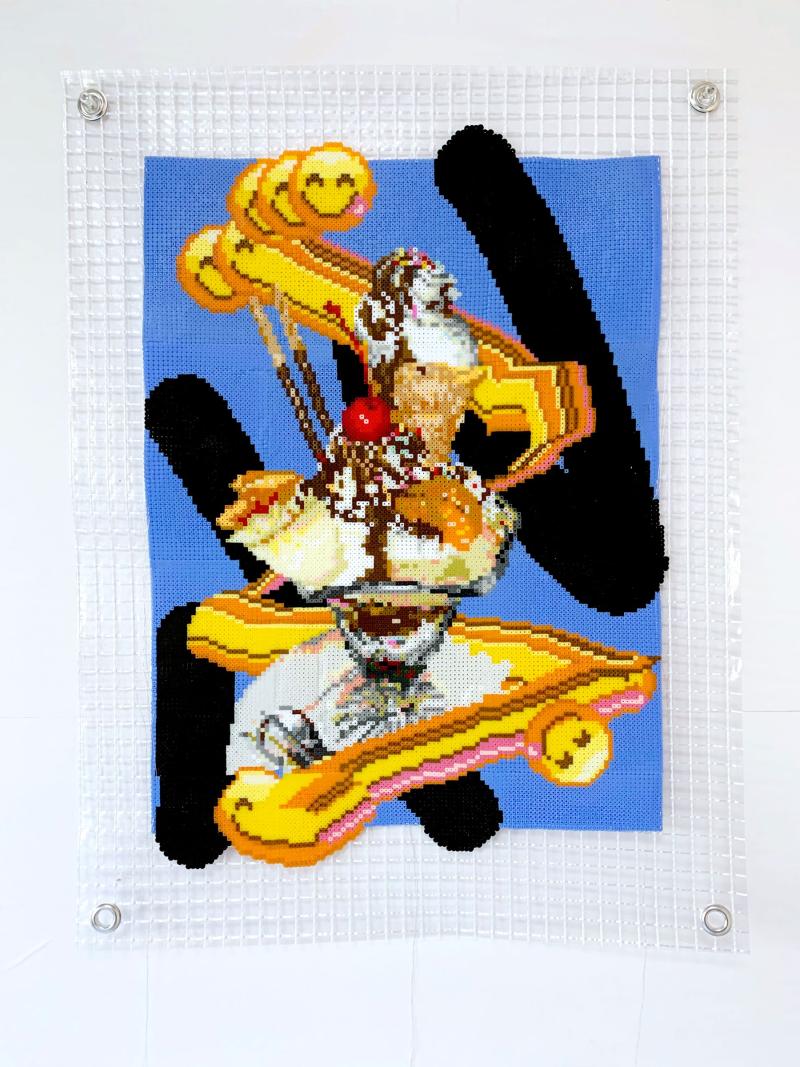 Yuka Numata, computer drawing “smile with parfait”, 2022, plastic beads, vinyl cloth, hatchet, silver thread, 55.0 × 41.5 × 0.3cm Courtesy of Shukado+Scen