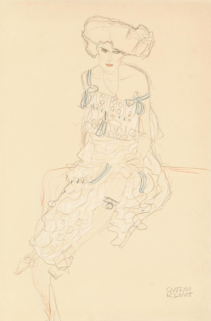 Gustav Klimt (1862–1918) Sitzende von vorne (Studie für Judith II) Bleistift, roter und blauer Farbstift mit weißen Erhöhungen, 56 x 37 cm Schätzwert € 120.000 – 200.000