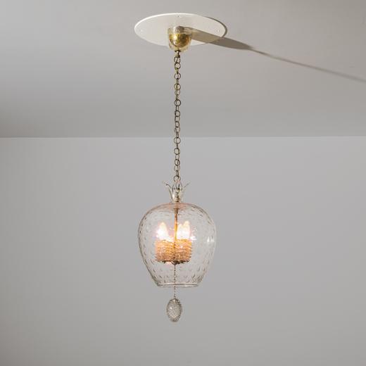 A CEILING LAMP BY BAROVIER Lanterna. Ottone, vetro trasparente rostrato e a bolle. Murano, anni '50. cm 120x30 ESTIMATE € 600 - 800