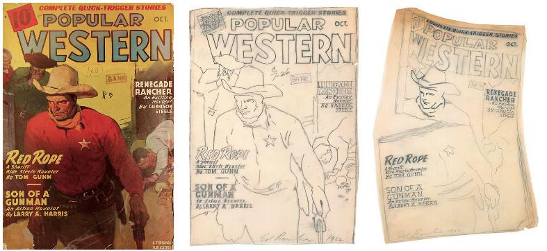 Left: October 1946 issue of {Popular Western, A Thrilling Publication}, vo. 31, no. 2. Middle: Ed Ruscha, Cheap Western Study, 1962. © Ed Ruscha. Right: Ed Ruscha, Torn Western Study, 1963. © Ed Ruscha