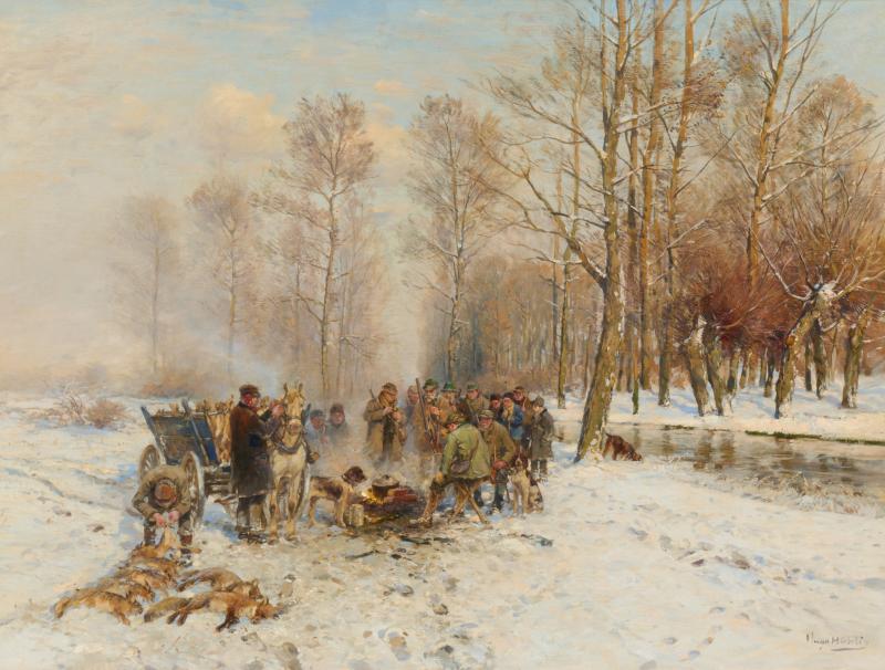 Hugo Mühlig (1854 – 1929) Nach der winterlichen Jagd | Öl auf Leinwand | 60,2 x 80,5 cm Taxe: € 20.000 – 30.000