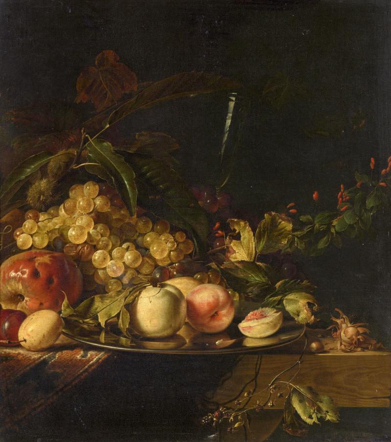 Gregorius de Coninck  Stillleben mit Früchten, Silberteller und einem Glaspokal Öl auf Leinwand. 68 x 61 cm.  Ergebnis € 100.000