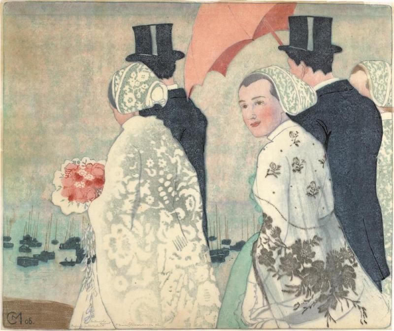 Carl Moser  Bozen 1873 - 1939 Bozen  Bretonische Hochzeit Erste Fassung, erster Zustand Farbholzschnitt auf Japanpapier  44 x 52,2 cm (Motiv)