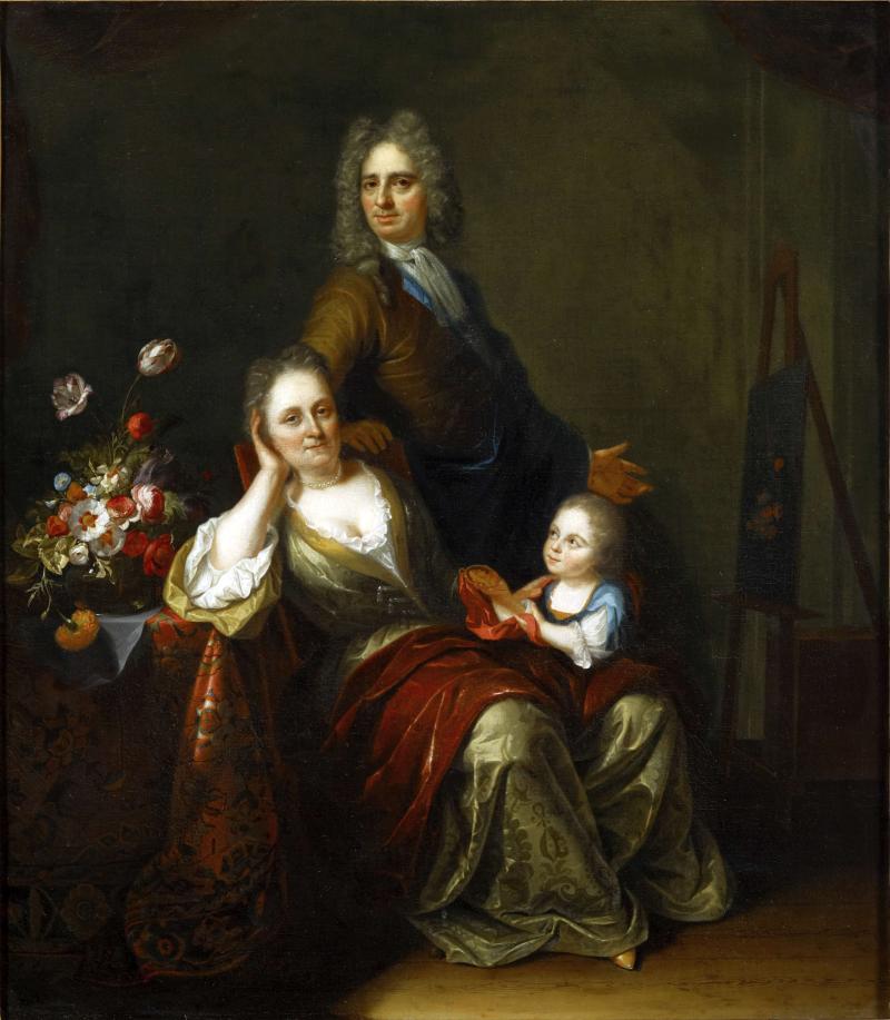 Juriaen Pool (1666–1745) und Rachel Ruysch (1664–1750),  Selbstporträt von Juriaen Pool II mit seiner Frau Rachel Ruysch und dem gemeinsamen Sohn Joan Willem Pool, vor 1716  Öl auf Leinwand 71 x 62,5 cm Inventarnummer B 2880  Stadtmuseum Düsseldorf  © Stadtmuseum Düsseldorf